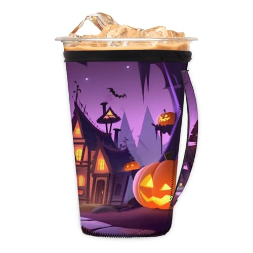 Castle Tree Pumpkin Bats Reusable Neoprene Coffee Sleeve with Handle Insulated Iced Coffee Cup Holder Reduces Condensation Fits 24-28 oz Cups M
