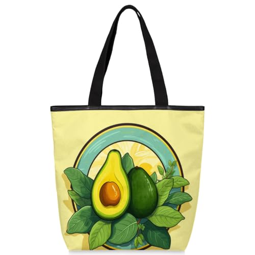 Mularoka Avocado Leaves Watercolour Canvas Tote Bag with Zipper and Pockets Canvas Tote Shopping Bag Women Reusable Grocery Bag for Beach Travel Gym Shopping
