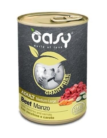 Cibo Umido OASY Grain Free per Cani Medium-Large, Tocchetti di Carne con Verdure, 6 Lattine da 400gr, Senza Cereali e Glutine (Manzo con Zucchine e Carote)