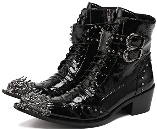 Santimon Mens Genuine Leather Ankle Oxfords Boots with Dragon Metal Pointed Toe – Gothic Punk Double Buckle Lace-Up Studded High Top Cowboy Western Boots for Stage, Party, Clubwear, Bar