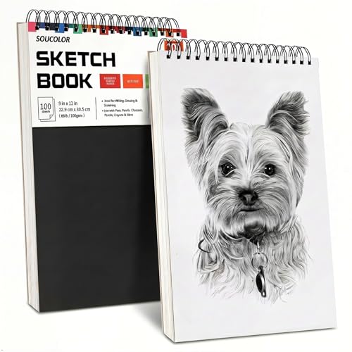 Image of Soucolor 2-Pack 9 inch x 12 inch Sketch Book, Spiral Bound for Kids Adults Artists | 200 Sheets 68lb /100gsm Paper Professional Drawing Supplies for Sketch, Charcoal, Colored, Graphite, Pastel Pencils & Sticks