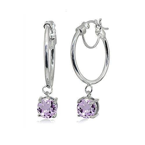 Sterling Silver Round Hoop Earrings with Dangling Genuine, Created or Simulated Gemstones