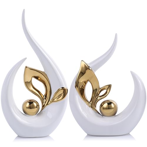 9.4 H White Gold Abstract Sculptures Home Decor, Ceramic Art Statue Cool Stuff to Put on Shelves&tv Stand Decor, Gold Accent Entertainment Center, for Fireplace Coffee Table Dining Table Decorate