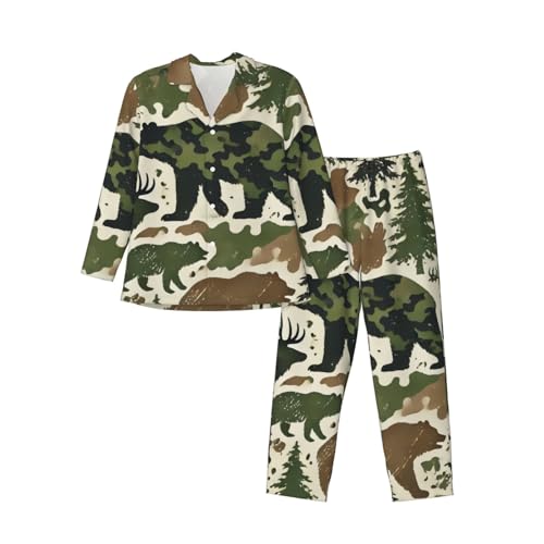 Mens Long Sleeves Pajama Set Bears-Camouflage-Funny Cozy Two-Piece Loungewear For Nighttime Comfort,Casual Wear