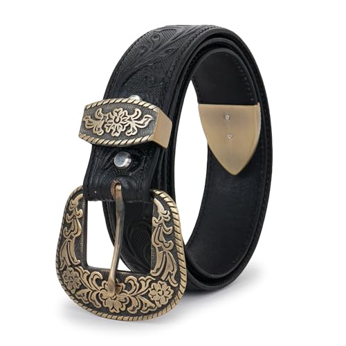 Image of Western Leather Belt for Men & Women, Floral Embossed Cowhide, Durable Rodeo Style for Jeans, Casual Wear & Country Outfits
