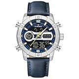 NAVIFORCE Orologio da uomo digitale militare, cinturino in pelle, cassa in lega, impermeabile, orologio analogico di lusso, sportivo, orologio da polso Dual Time luminoso allarme, Blu, Classico