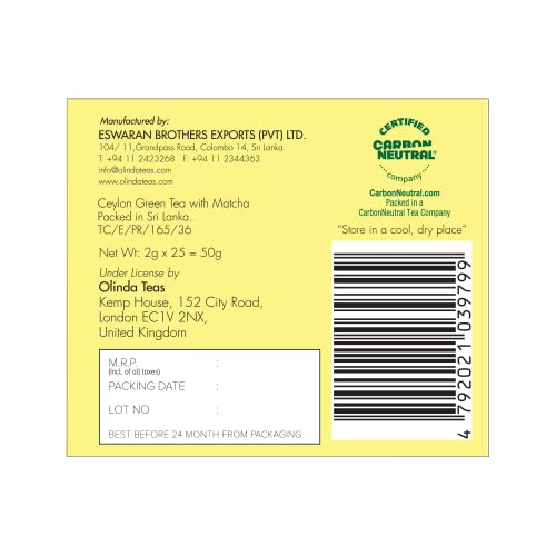 OLINDA Matcha Lemon Green Tea, 50 gm (25 Tea Bags, 2 gm per sachet)