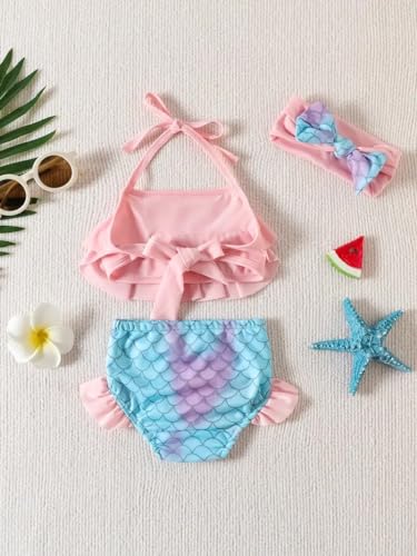 Image of Generic Chic Summer Fun: Baby Girls' 3pc Swimwear Set - Ruffle Halter Top, Mermaid Shorts & Headband, Durable & Stylish. 3-4 yr, Pink