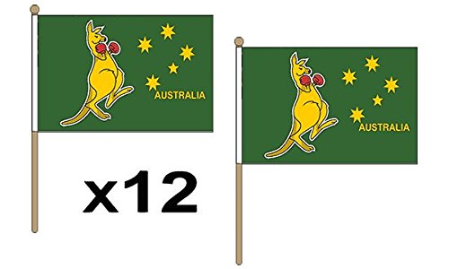 Pack Of 12 (9" x 6") Boxing Kangaroo Australia Australian Hand Waving Flags 30cm Wooden Pole Ideal For Party Conferences Office Display