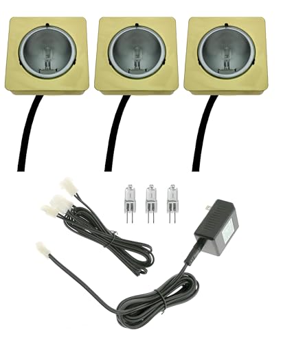 Halogen Cabinet Puck Light Kit - 3 Square Light Kit in Brass (Gold) Includes 12V 60W Transformer, 10 Foot Cord and In - Line On / Off Roller Switch, Includes Replacement Bulbs and Connecting Wires