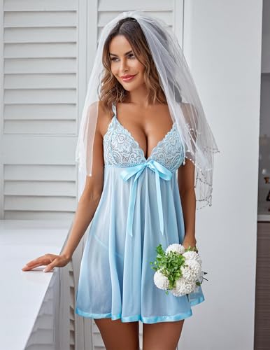Image of SSoShHub Women's Lingerie Lace Babydoll Strap Chemise Mesh Sleepwear Outfits with G-String