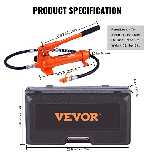 VEVOR 4 Ton Porta Power Kit, Portable Hydraulic Jack with 3.9 ft/1.2 m Oil Hose, Auto Body Frame Repair Kit with Storage Case for Car Repair, Truck, Farm (8800 LBS)