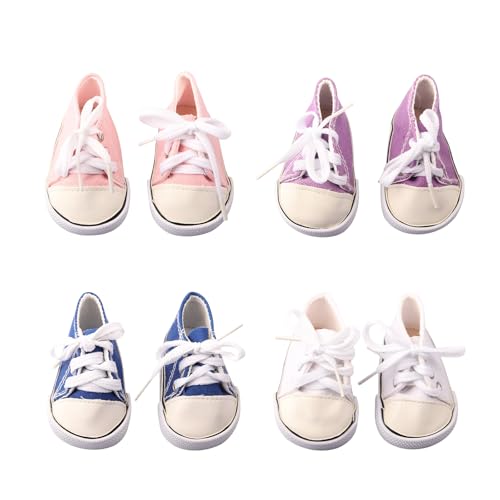4-Paar BabyPuppen Schuhe Accessoires für 14-18 Zoll Puppens, Inklusive Leinenschuhe in 4 Farben: Lila, Blau, Rosa, Weiß, Baby Puppen Outfit-Accessoires für 35-45 cm Puppen, als Geschenk für Kinder