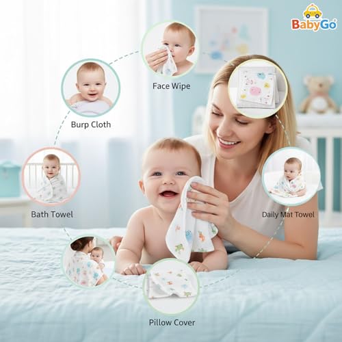 Image of BabyGo Muslin Baby Washcloths - 6 Layer Ultra Soft Cotton Baby Towels | Highly Absorbent Face Towels for Newborns, Kids & Toddlers | Quick Dry Burp Cloths & Bath Essentials - Pack of 4
