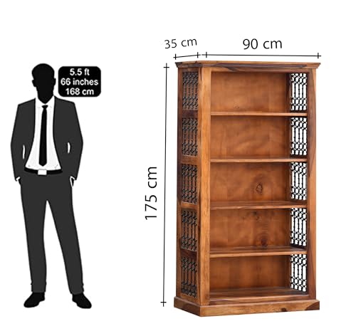Image of SONA ART & CRAFTS Iron Jali Book Shelf Wooden | Multipurpose 5 Tier Semi Open Bookshelf for Home & Library | Storage Cabinet for Living Room | Crockery Cabinet for Home, Kitchen | Honey Finish