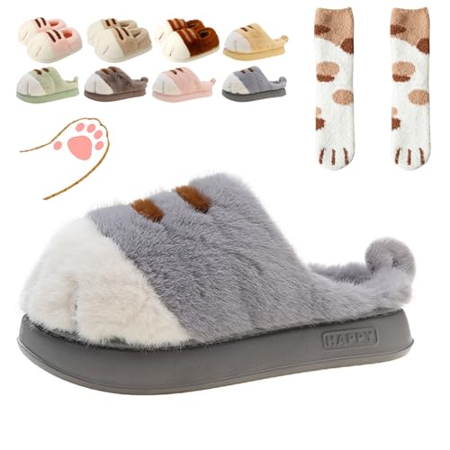 Cute Cat Paw Slippers for Women, 3D Fluffy Cat Paw Slipper, Cozy Furry Warm Winter Kitty Paw Shoes for House Indoor Outdoor
