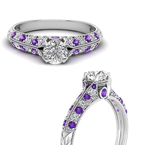 Image of Choose Your Gemstone 2 Row Milgrain Diamond CZ Ring 925 Sterling Silver Round Shape Vintage Engagement Rings Matching Jewelry Wedding Jewelry Easy to Wear Gifts US Size 4 to 12