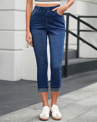 LookbookStore Capri Jeans for Women High Waisted Pull On Elastic Wasit Stretchy Denim Capris Jeggings Summer Jeans Pants2