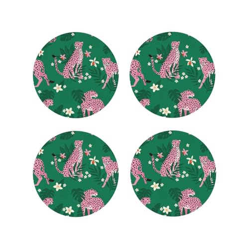 Juego de 4 Posavasos Redondos de Piel sintética, Ligeros, con Estampado de Leopardo Rosa, Ideales para Bebidas y Bebidas en el Escritorio. Posavasos Anti-Quemaduras para Decorar la Mesa de la ofici