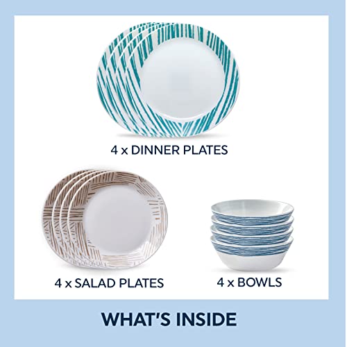 Corelle Everyday Expressions 12-Pc Dinnerware Set, Service For 4, Durable And Eco-Friendly, Higher Rim Glass Plate & Bowl Set, Microwave And Dishwasher Safe, Geometrica #TOP27