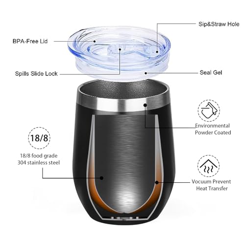Image of MEZMUT 12 Oz Insulated Wine Tumbler with Lid Double Wall Vacuum Stainless Steel Wine Glass Coffee Mug Insulated Tumbler Cup for Champaign, Cocktail, Beer (Black, 4 Pack)