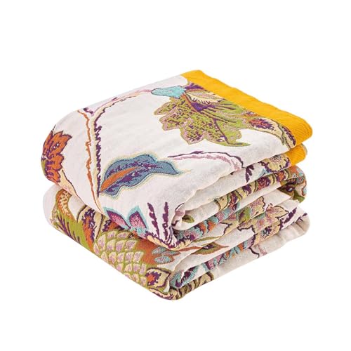 Image of XIBLC Boho Throw Blanket 100% Cotton Vintage Blanket Muslin Woven Flower Decorative Throw Blankets All Season Bohemian Rustic Farmhouse Decor Quilt for Bed (Beige 90 inchx98 inch)