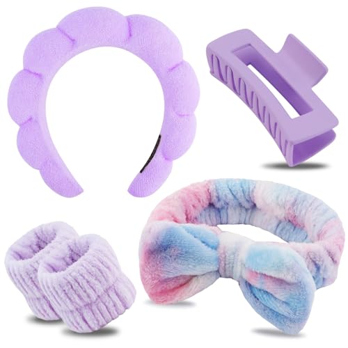 Juego de 5 Diadema Maquillaje Mujer, Diademas de Spa con Muñequeras y Pinza para el pelo, Diadema Skincare,Diadema Elastica Mujer para Lavarse la Cara, Spa, Maquillarse, Bañarse