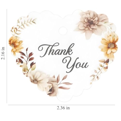 Image of CVANU Heart Shaped Thank You Tags 100-Pcs with Golden String, Floral Design Gift Tags for Wedding Favors| Birthday Party| Small Business Packaging (2.16x2.36 inch) D6