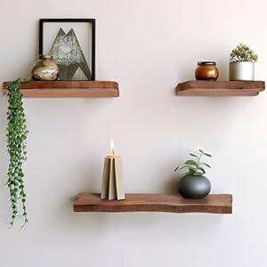 Set of 3 Solid Mango Wood Decorative Wall Shelves – Home Decor Floating Display Shelf with Iron Bracket – Modern Wall Shelves for Office, Bedroom & Living Room – 10″, 14″ & 18″