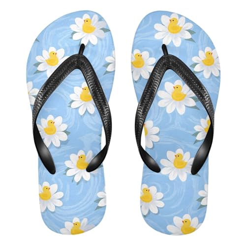 ALAZA Yellow Ducks White Flowers Flip Flops for Women Fashion Beach Slippers Comfort Mens Flip Flops Non-Slip Rubber Shower Slippers Sandal for Hotel Travel Sport,XS