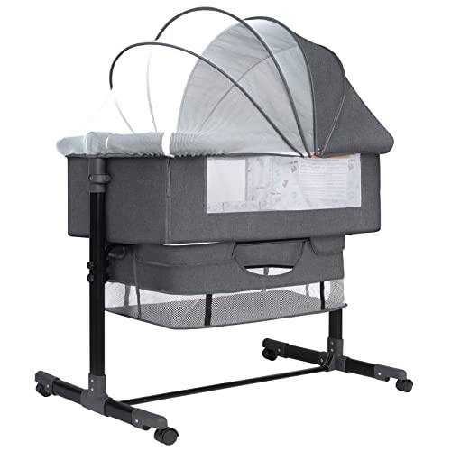 Image of RICUTON Baby Bassinet Bedside Sleeper, 3 in 1 Bedside Bassinet, 6 Height Adjustable Easy Folding Portable Bedside Crib with Mosquito Net for Newborn Infant, Storage Basket and Wheels