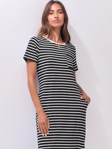 Image of ANRABESS Womens Midi Dress,Summer Long Tshirts Dresses,Short Sleeve Split Stripe,Comfy Travel Beach Vacation Casual Wear