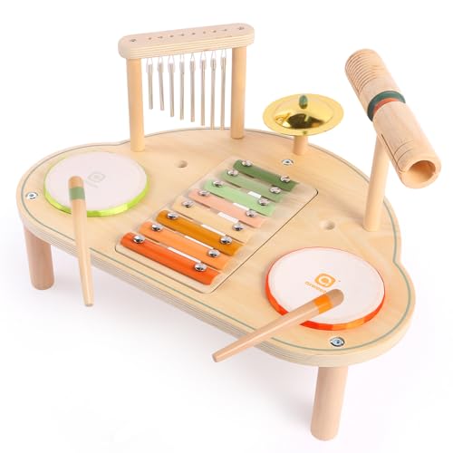 Asweets Bois Instruments de Musique, Tambour Jouet Musical Montessori Éducatifs, Ensemble de Batterie Cadeaux pour Filles et Garçons de 3 Ans Et Plus