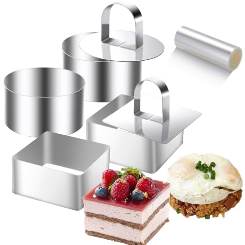 DATANYA 9Pack 3.15‘’ Cake Ring Molds with 3 Inch Cake Collars, Stainless Steel Food Rings Round & Square Cooking Ring Molds with Pressers, Transparent Acetate Sheet Cake Rolls for Baking Pastry