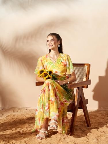 Image of Miss Chase Women's Floral V-Neck Flutter Sleeve Wrap Chiffon Maxi Dress