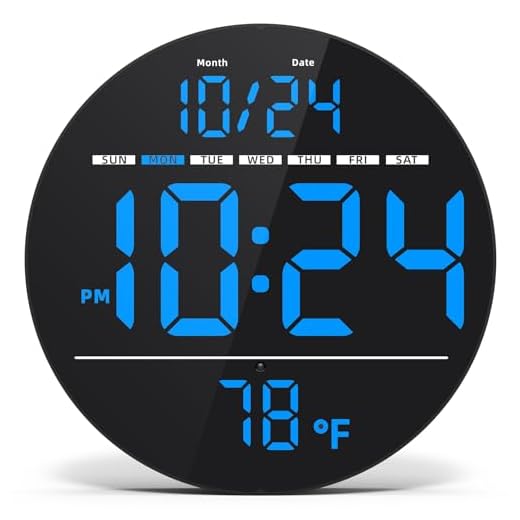 Digital Wall Clock with Large LED Display, Auto-Brightness, Temperature, Low-Reflectivity, Small Silent Non-Ticking Modern Electric Wall Clock for Bedroom, Living Room, Office, Classroom, Farmhouse