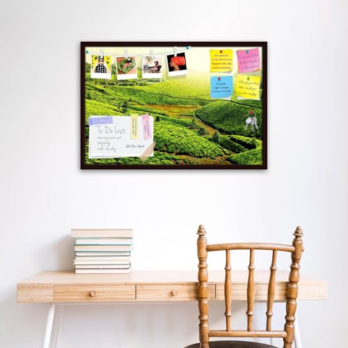 Image of ArtzFolio Tea Plantations, Munnar, Kerala | Bulletin Board Notice Pin Board | Vision Soft Board Combo with Thumb Push Pins & Sticky Notes | Dark Brown Frame | 18 x 12 inch (46 x 30 cms)