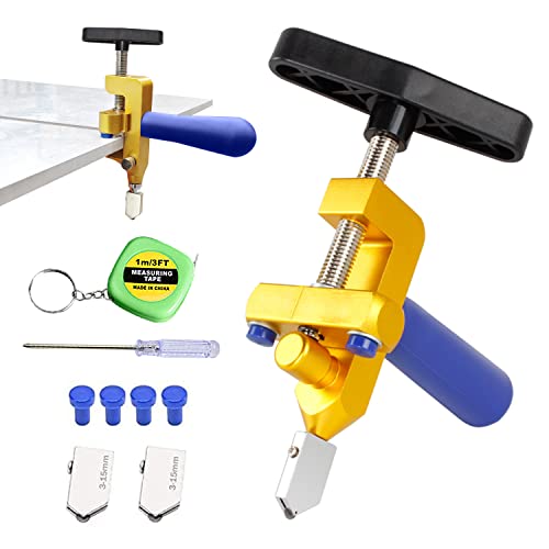 aleawol 2 IN 1 Professionelles Glasschneider Set, Glasschneidewerkzeug mit 2 Stück 3-15mm Hartmetall-Schneidköpfe und 4 Stück Kontakte Füße, Geeignet für Glas/Spiegel/Fliesen Cover