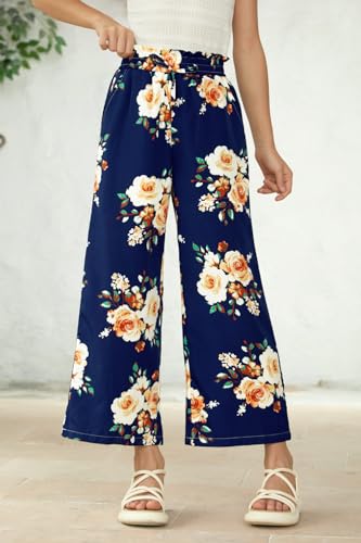 Image of Girls Summer Floral Wide Leg Pants High Waisted Flowy Dress Trousers with Pockets for School Lounge Beach 5-14 Years