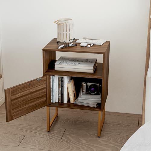 Image of JOONEE Rattan Nightstand,Farmhouse Bedside Table with Storage Drawer and Open Shelf,Modern Boho Small Gold Frame Side End Table for Bedroom,Living Room,Office(Walnut Brown)