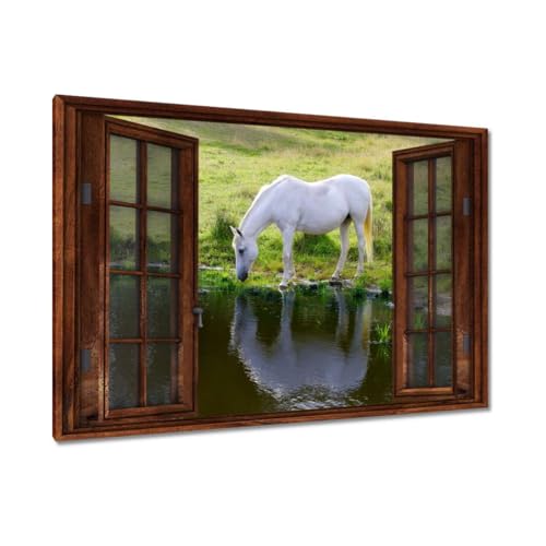 Toile cheval blanc peinture imprimée 90 x 60 cm pour créer un salon cocooning et épuré