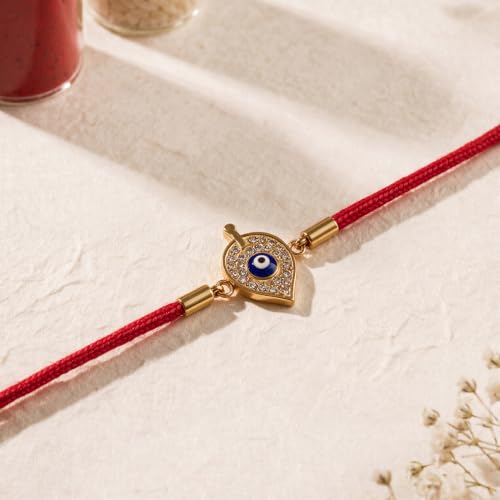 Image of PALMONAS Demifine 18K Gold Plated Evil Eye Rakhi for Brother - Waterproof & Anti-Tarnish Designer Rakhi for Men | Premium Raksha Bandhan Rakhee with Roli Chawal