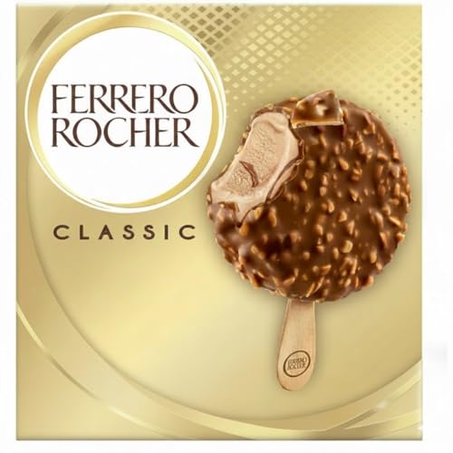 Ferrero Rocher Crème glacée Classic – 4 quartiers de crème glacée aux noisettes et cacao, enrobés de chocolat au lait et grains de noisettes, excellent...
