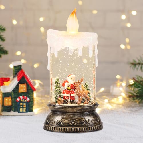 Lasumora Christmas Snow Globe Candle with Timer & Music, Santa Flying with Reindeer Scene, Swirling Glittering Candle Shaped Snow Lantern, USB/Battery Operated Lighted Lantern for Christmas