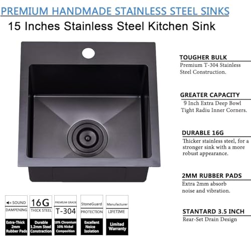 Image of SHACO 15x15 Drop In Black Bar Sink, 15 Inch Stainless Steel Top Mount Gunmetal Black 16 Gauge Single Bowl Small Kitchen Outdoor RV Sink with Strainer Drain