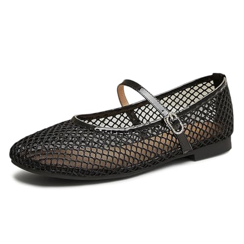 Tang'scuisins Women Square Toe Mesh Mary Janes Buckle Strappy Chunky Heeled Flats Comfortable Daily Dress Shoes Size 4-16 US
