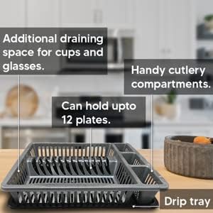 METALLIC TURTLE Large Plastic Dish Drainer Plate Cutlery Rack Kitchen Sink Utensil Draining Cup Holder (45.5 x 35 x 8cm, Blue)