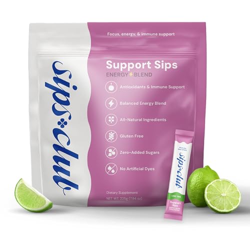 Sips Club Support Sip with Caffeine and L-Theanine Blend - Healthy Drink Mix Powder Packets for Immune & Digestive Health - All Natural Ingredients, No Added Sugar or Dyes - Lime Time (30 Packs)