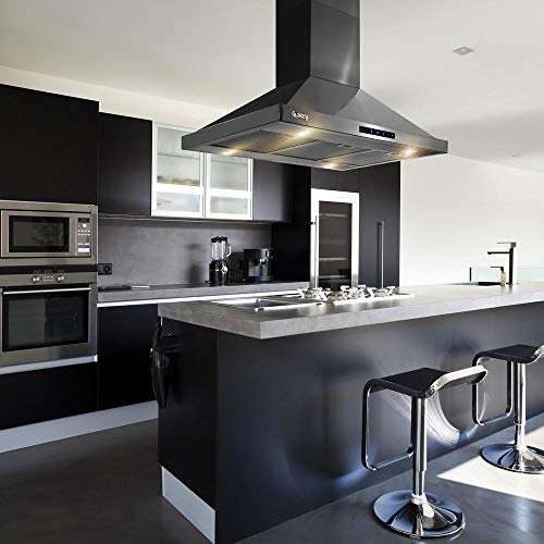 AKDY Island Mount Range Hood - Black Stainless Steel Hood for Kitchen – 3 Speed Professional Quiet Motor - Premium Touch Control Panel - Minimalist Design (36 in.)