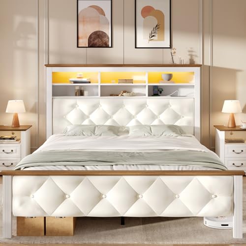 RALGEND Farmhouse Queen Bed Frame with 51" Tall Storage Bookcase Headboard, Upholstered Platform Bed Frame with Charging Station and LED Light, No Box Spring Needed, White and Walnut